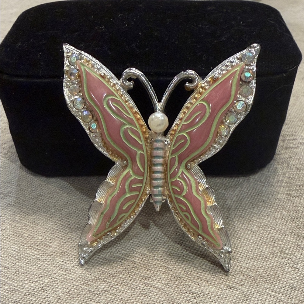 Pink Enamel Butterfly Brooch with Pearl Accent